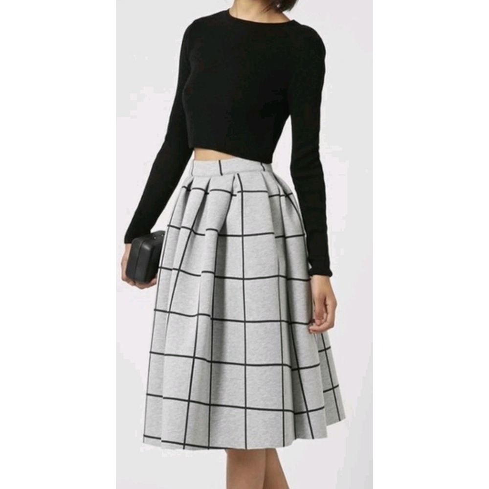 New Topshop Gray Check Pleated Midi Skirt 2 Heavyweight Career Pin Up Core Plaid